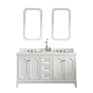 Water Creation Vanity Water Creation QU60QZ05PW-Q21TL1205 Queen 60-Inch Double Sink Quartz Carrara Vanity In Pure White With Matching Mirror(s) and F2-0012-05-TL Lavatory Faucet(s)