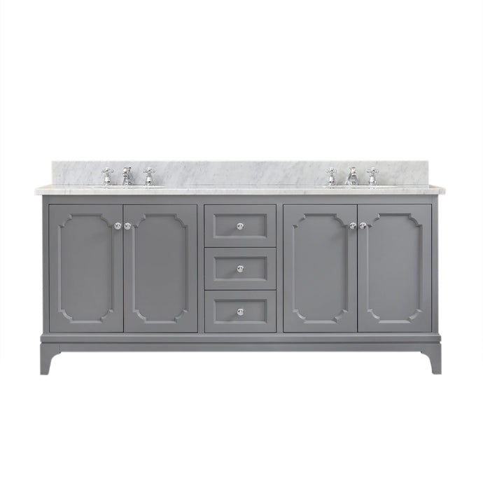 Water Creation Vanity Water Creation QU72CW01CG-000BX0901 Queen 72 Inch Double Sink Carrara White Marble Countertop Vanity in Cashmere Grey with Classic Faucets
