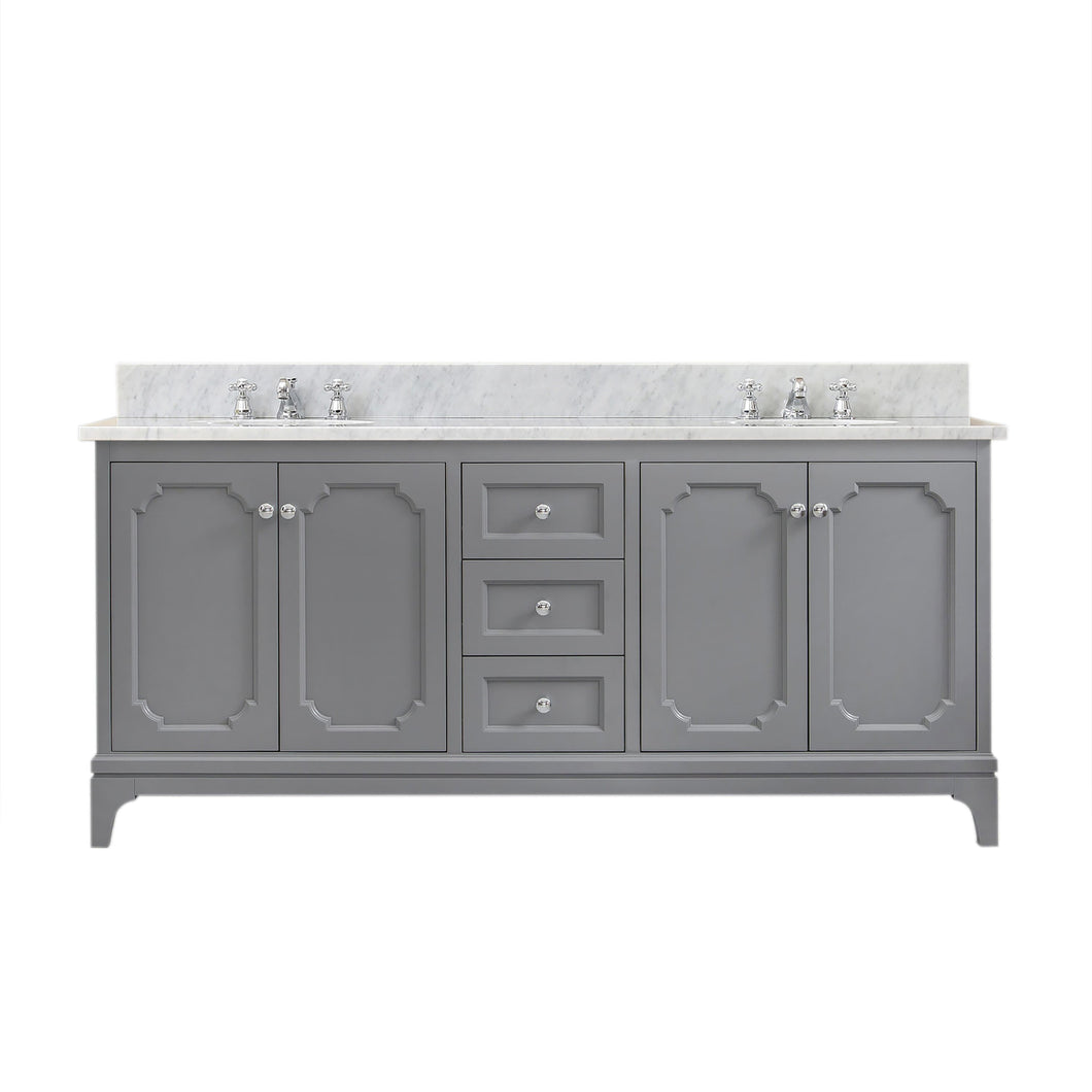 Water Creation Vanity Water Creation QU72CW01CG-000BX0901 Queen 72 Inch Double Sink Carrara White Marble Countertop Vanity in Cashmere Grey with Classic Faucets