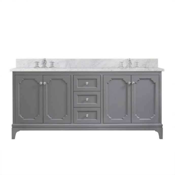 Water Creation Vanity Water Creation QU72CW01CG-000FX1301 Queen 72 Inch Double Sink Carrara White Marble Countertop Vanity in Cashmere Grey with Waterfall Faucets
