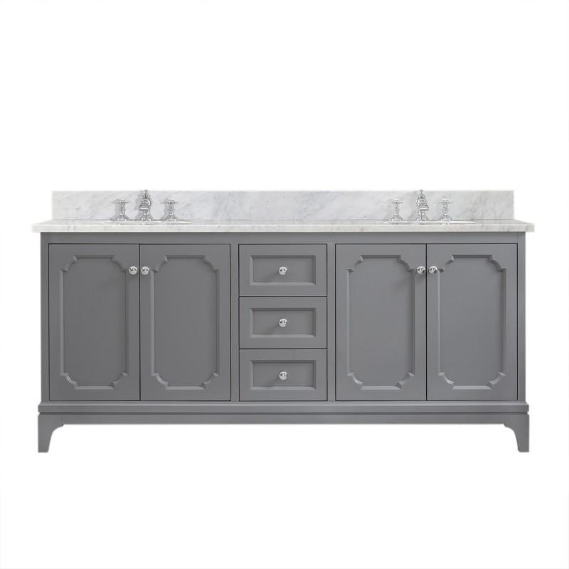 Water Creation Vanity Water Creation QU72CW01CG-000FX1301 Queen 72 Inch Double Sink Carrara White Marble Countertop Vanity in Cashmere Grey with Waterfall Faucets