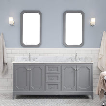 Load image into Gallery viewer, Water Creation Vanity Water Creation QU72CW01CG-000TL1201 Queen 72 In. Double Sink Carrara White Marble Countertop Vanity in Cashmere Grey with Hook Faucets