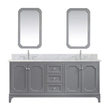 Load image into Gallery viewer, Water Creation Vanity Water Creation QU72CW01CG-Q21TL1201 Queen 72 In. Double Sink Carrara White Marble Countertop Vanity in Cashmere Grey with Hook Faucets and Mirrors