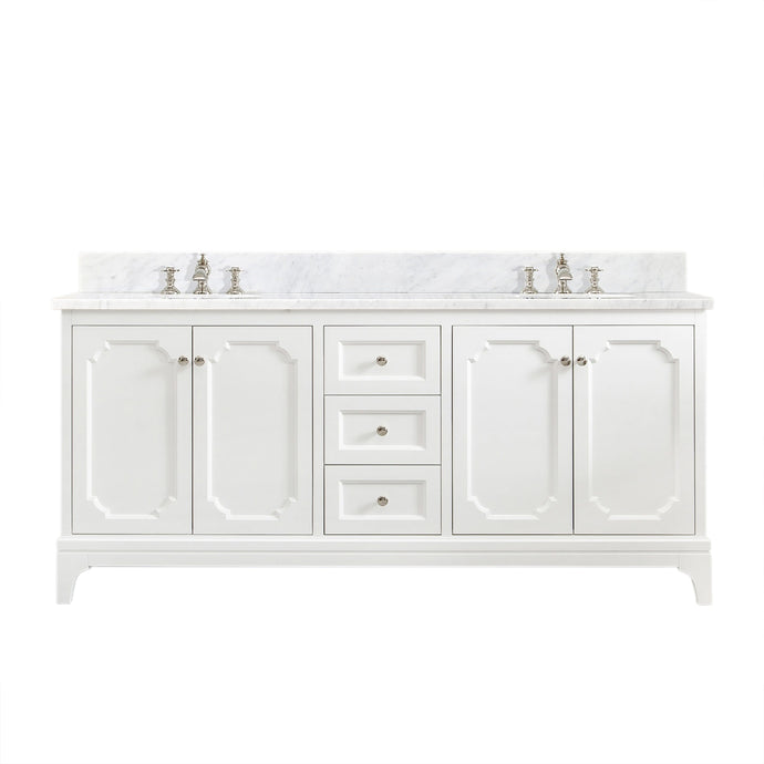 Water Creation Vanity Water Creation QU72CW05PW-000FX1305 Queen 72 Inch Double Sink Carrara White Marble Countertop Vanity in Pure White with Waterfall Faucets