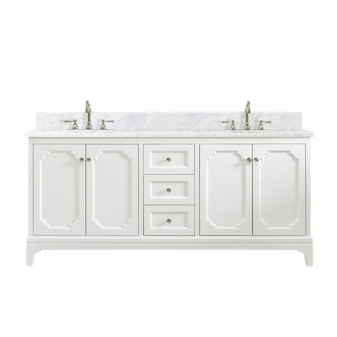 Water Creation Vanity Water Creation QU72CW05PW-000TL1205 Queen 72 Inch Double Sink Carrara White Marble Countertop Vanity in Pure White with Hook Faucets