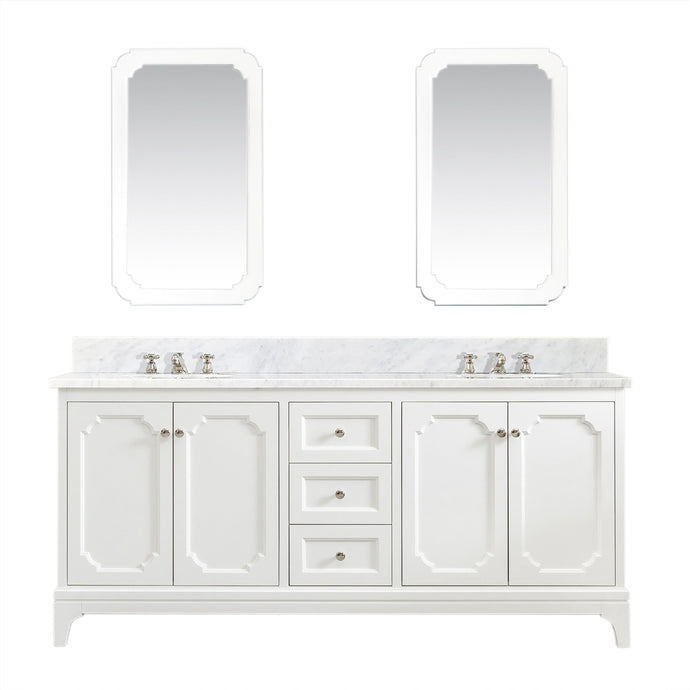 Water Creation Vanity Water Creation QU72CW05PW-Q21000000 Queen 72 In. Double Sink Carrara White Marble Countertop Vanity in Pure White with Mirrors
