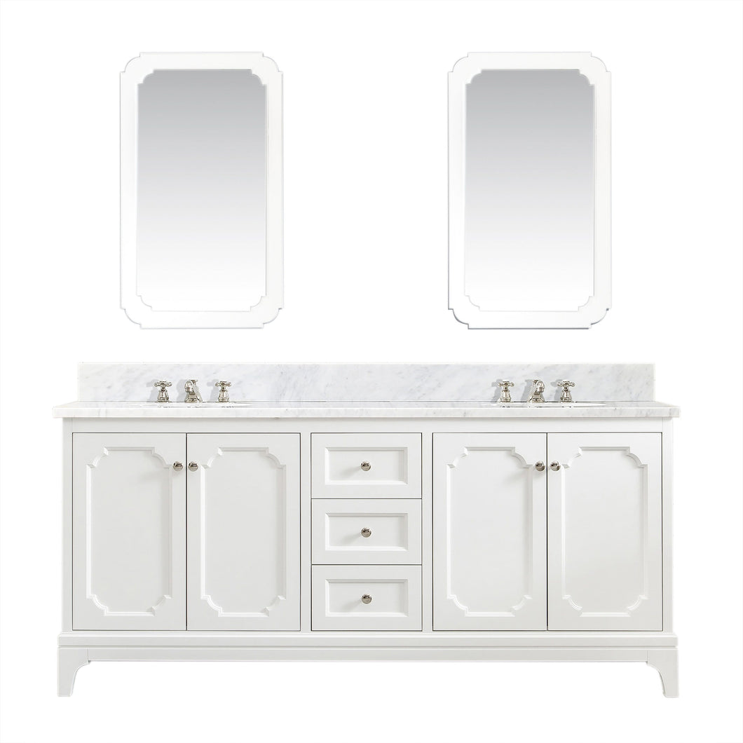 Water Creation Vanity Water Creation QU72CW05PW-Q21000000 Queen 72 In. Double Sink Carrara White Marble Countertop Vanity in Pure White with Mirrors