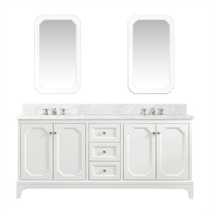 Water Creation Vanity Water Creation QU72CW05PW-Q21BX0905 Queen 72 In. Double Sink Carrara White Marble Countertop Vanity in Pure White with Classic Faucets and Mirrors