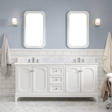 Load image into Gallery viewer, Water Creation Vanity Water Creation QU72CW05PW-Q21FX1305 Queen 72 In. Double Sink Carrara White Marble Countertop Vanity in Pure White with Waterfall Faucets and Mirrors