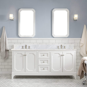 Water Creation Vanity Water Creation QU72CW05PW-Q21FX1305 Queen 72 In. Double Sink Carrara White Marble Countertop Vanity in Pure White with Waterfall Faucets and Mirrors