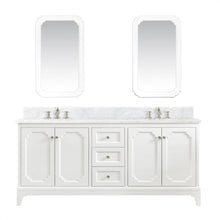 Load image into Gallery viewer, Water Creation Vanity Water Creation QU72CW05PW-Q21FX1305 Queen 72 In. Double Sink Carrara White Marble Countertop Vanity in Pure White with Waterfall Faucets and Mirrors