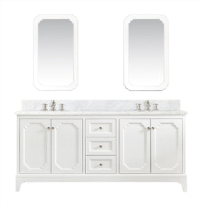 Water Creation Vanity Water Creation QU72CW05PW-Q21FX1305 Queen 72 In. Double Sink Carrara White Marble Countertop Vanity in Pure White with Waterfall Faucets and Mirrors