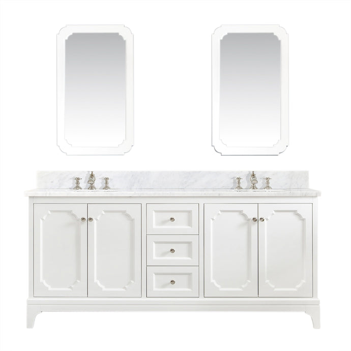 Water Creation Vanity Water Creation QU72CW05PW-Q21FX1305 Queen 72 In. Double Sink Carrara White Marble Countertop Vanity in Pure White with Waterfall Faucets and Mirrors