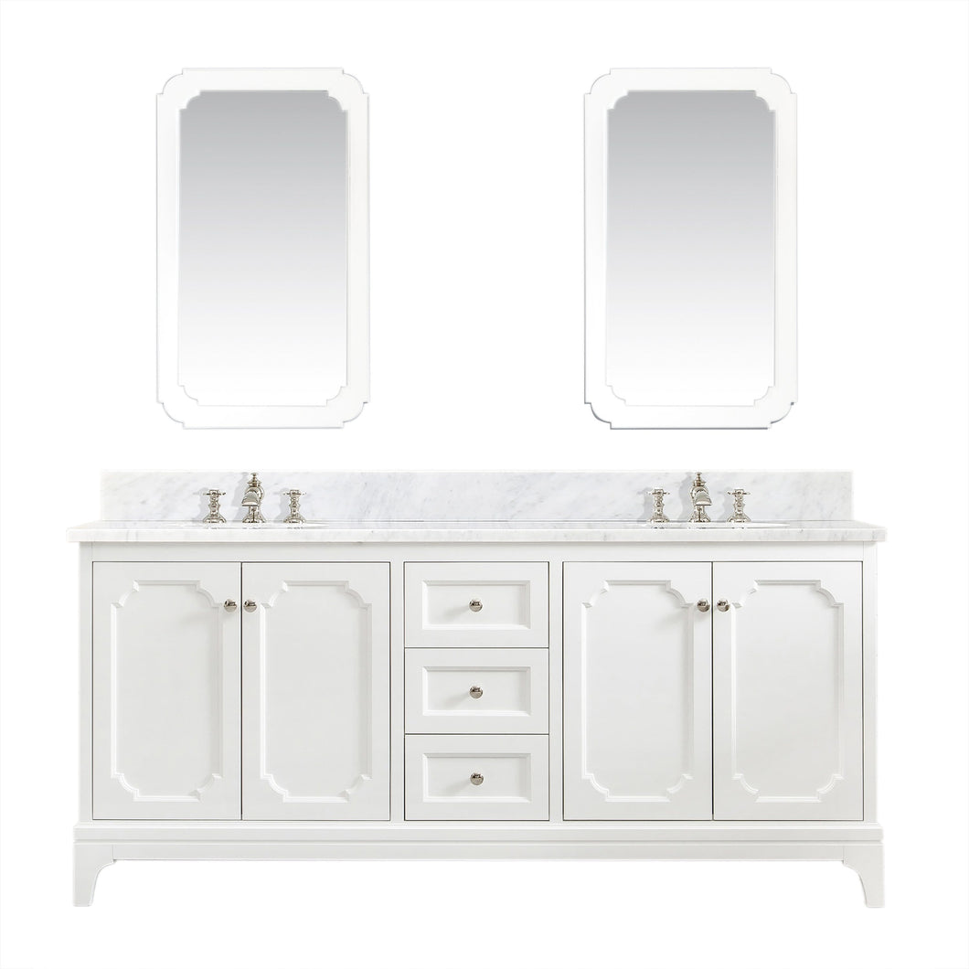 Water Creation Vanity Water Creation QU72CW05PW-Q21FX1305 Queen 72 In. Double Sink Carrara White Marble Countertop Vanity in Pure White with Waterfall Faucets and Mirrors