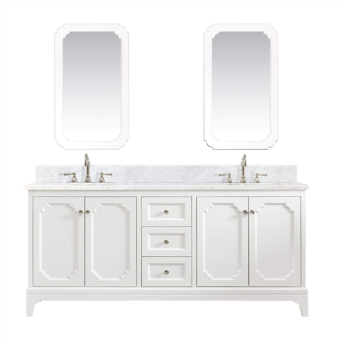 Water Creation Vanity Water Creation QU72CW05PW-Q21TL1205 Queen 72 In. Double Sink Carrara White Marble Countertop Vanity in Pure White with Hook Faucets and Mirrors