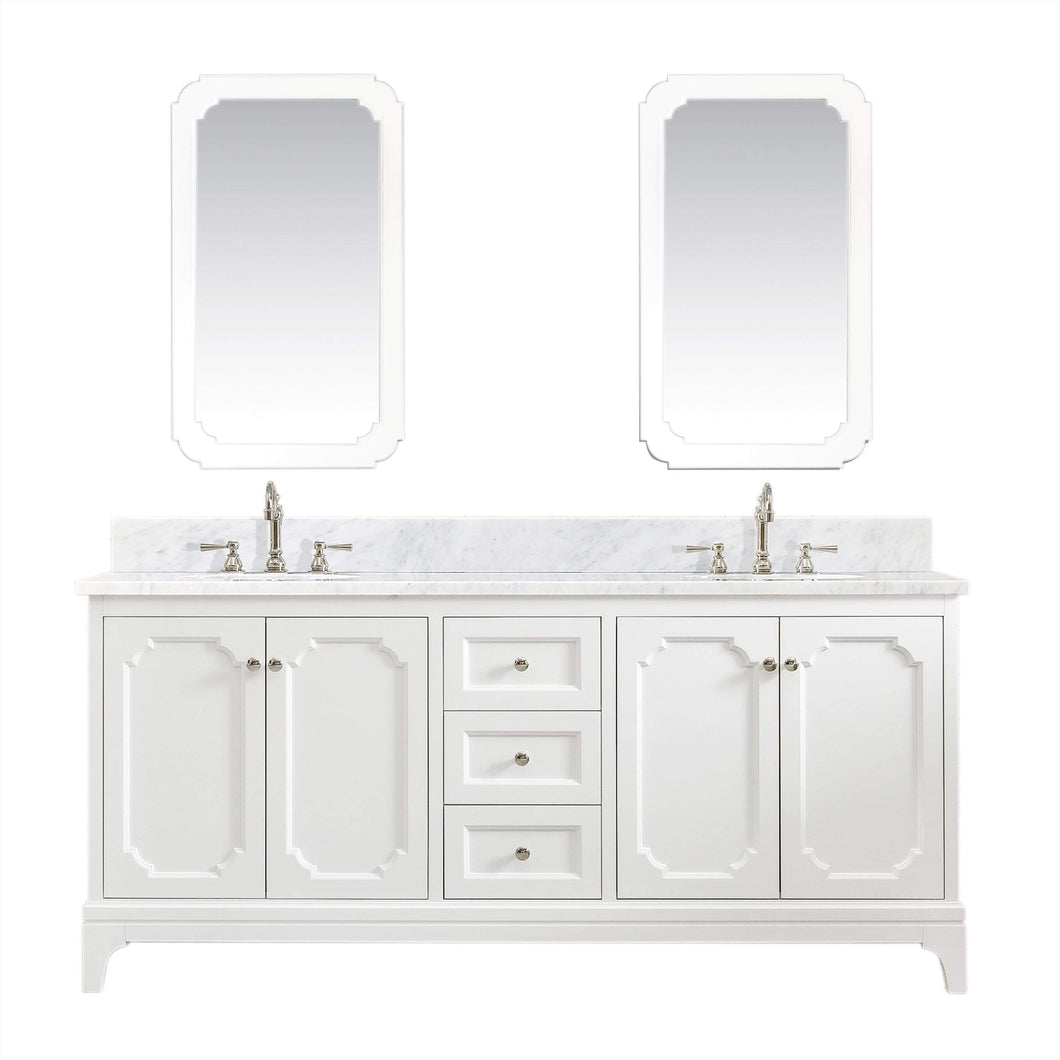 Water Creation Vanity Water Creation QU72CW05PW-Q21TL1205 Queen 72 In. Double Sink Carrara White Marble Countertop Vanity in Pure White with Hook Faucets and Mirrors