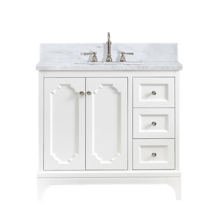 Water Creation Vanity Water Creation Queen 36 Inch Single Sink Carrara White Marble Countertop Vanity in Pure White with Hook Faucet