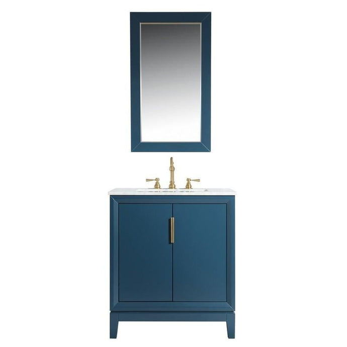 Water Creation Vanity Water Creation VEL030CWMB33 Elizabeth 30 Inch Single Sink Carrara White Marble Vanity In Monarch Blue with Matching Mirror and Lavatory Faucet
