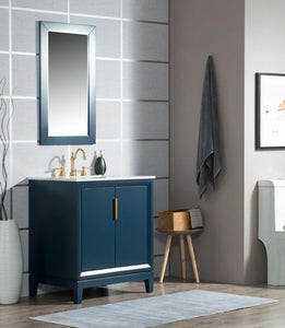 Water Creation Vanity Water Creation VEL030CWMB37 Elizabeth 30 Inch Single Sink Carrara White Marble Vanity In Monarch Blue with Lavatory Faucet