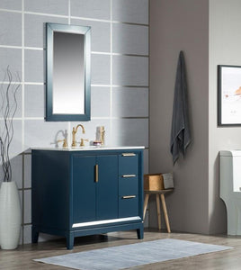 Water Creation Vanity Water Creation VEL036CWMB01 Elizabeth 36 Inch Single Sink Carrara White Marble Vanity In Monarch Blue With Matching Mirror
