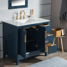 Load image into Gallery viewer, Water Creation Vanity Water Creation VEL036CWMB01 Elizabeth 36 Inch Single Sink Carrara White Marble Vanity In Monarch Blue With Matching Mirror