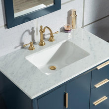 Load image into Gallery viewer, Water Creation Vanity Water Creation VEL036CWMB01 Elizabeth 36 Inch Single Sink Carrara White Marble Vanity In Monarch Blue With Matching Mirror