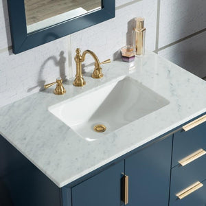 Water Creation Vanity Water Creation VEL036CWMB01 Elizabeth 36 Inch Single Sink Carrara White Marble Vanity In Monarch Blue With Matching Mirror