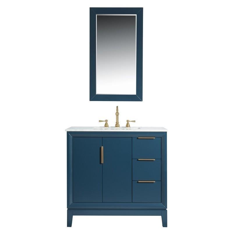 Water Creation Vanity Water Creation VEL036CWMB01 Elizabeth 36 Inch Single Sink Carrara White Marble Vanity In Monarch Blue With Matching Mirror
