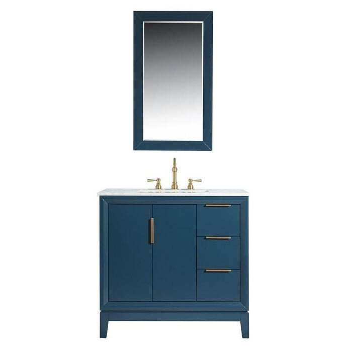 Water Creation Vanity Water Creation VEL036CWMB33 Elizabeth 36 Inch Single Sink Carrara White Marble Vanity In Monarch Blue with Matching Mirror and Lavatory Faucet