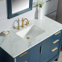 Load image into Gallery viewer, Water Creation Vanity Water Creation VEL048CWMB01 Elizabeth 48 Inch Single Sink Carrara White Marble Vanity In Monarch Blue With Matching Mirror
