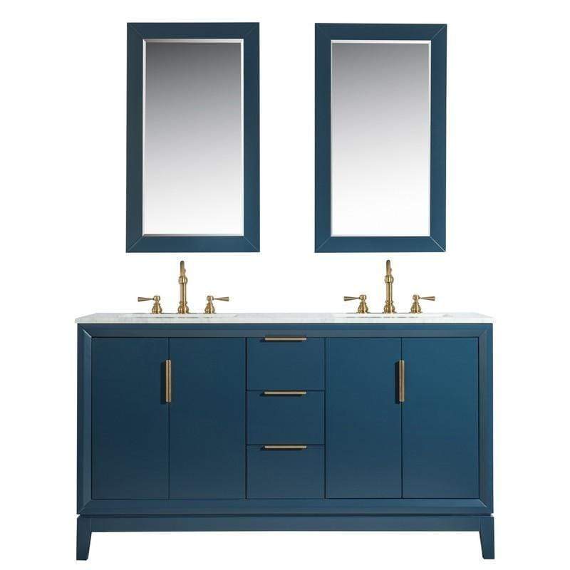 Water Creation Vanity Water Creation VEL060CWMB35 Elizabeth 60 Inch Double Sink Carrara White Marble Vanity In Monarch Blue with Matching Mirror and Lavatory Faucet