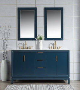 Water Creation Vanity Water Creation VEL060CWMB35 Elizabeth 60 Inch Double Sink Carrara White Marble Vanity In Monarch Blue with Matching Mirror and Lavatory Faucet