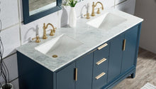 Load image into Gallery viewer, Water Creation Vanity Water Creation VEL060CWMB35 Elizabeth 60 Inch Double Sink Carrara White Marble Vanity In Monarch Blue with Matching Mirror and Lavatory Faucet