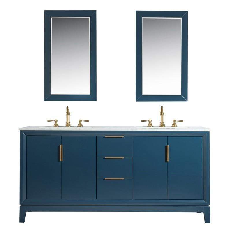 Water Creation Vanity Water Creation VEL072CWMB35 Elizabeth 72 Inch Double Sink Carrara White Marble Vanity In Monarch Blue with Matching Mirror and Lavatory Faucet