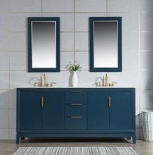 Load image into Gallery viewer, Water Creation Vanity Water Creation VEL072CWMB35 Elizabeth 72 Inch Double Sink Carrara White Marble Vanity In Monarch Blue with Matching Mirror and Lavatory Faucet