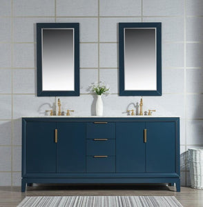 Water Creation Vanity Water Creation VEL072CWMB35 Elizabeth 72 Inch Double Sink Carrara White Marble Vanity In Monarch Blue with Matching Mirror and Lavatory Faucet