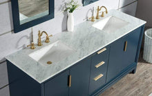 Load image into Gallery viewer, Water Creation Vanity Water Creation VEL072CWMB35 Elizabeth 72 Inch Double Sink Carrara White Marble Vanity In Monarch Blue with Matching Mirror and Lavatory Faucet