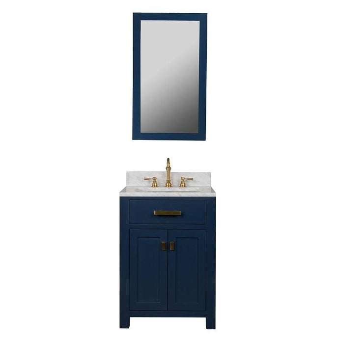 Water Creation Vanity Water Creation VMI024CWMB33 Madison 24-Inch Single Sink Carrara White Marble Vanity In Monarch Blue With Matching Mirror and Lavatory Faucet