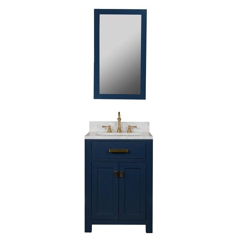 Water Creation Vanity Water Creation VMI024CWMB33 Madison 24-Inch Single Sink Carrara White Marble Vanity In Monarch Blue With Matching Mirror and Lavatory Faucet
