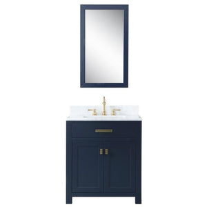 Water Creation Vanity Water Creation VMI030CWMB33 Madison 30 Inch Single Sink Carrara White Marble Vanity In Monarch Blue with Matching Mirror and Lavatory Faucet