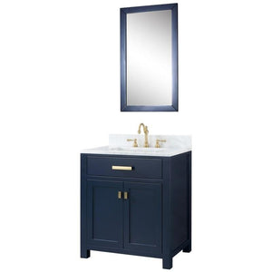 Water Creation Vanity Water Creation VMI030CWMB33 Madison 30 Inch Single Sink Carrara White Marble Vanity In Monarch Blue with Matching Mirror and Lavatory Faucet