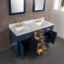Load image into Gallery viewer, Water Creation Vanity Water Creation VMI060CWMB37 Madison 60 Inch Double Sink Carrara White Marble Vanity In Monarch Blue With 2 Lavatory Faucets