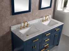 Load image into Gallery viewer, Water Creation Vanity Water Creation VMI060CWMB37 Madison 60 Inch Double Sink Carrara White Marble Vanity In Monarch Blue With 2 Lavatory Faucets