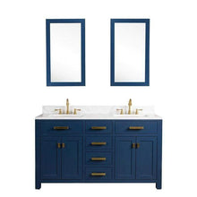 Load image into Gallery viewer, Water Creation Vanity Water Creation VMI060CWMB37 Madison 60 Inch Double Sink Carrara White Marble Vanity In Monarch Blue With 2 Lavatory Faucets
