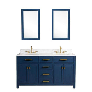 Water Creation Vanity Water Creation VMI060CWMB37 Madison 60 Inch Double Sink Carrara White Marble Vanity In Monarch Blue With 2 Lavatory Faucets