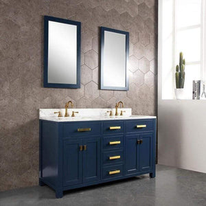 Water Creation Vanity Water Creation VMI060CWMB37 Madison 60 Inch Double Sink Carrara White Marble Vanity In Monarch Blue With 2 Lavatory Faucets