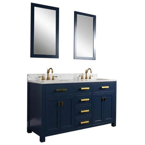 Water Creation Vanity Water Creation VMI060CWMB37 Madison 60 Inch Double Sink Carrara White Marble Vanity In Monarch Blue With 2 Lavatory Faucets
