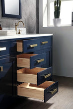Load image into Gallery viewer, Water Creation Vanity Water Creation VMI072CWMB35 Madison 72 Inch Double Sink Carrara White Marble Vanity In Monarch Blue with Matching Mirror and Lavatory Faucet