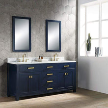 Load image into Gallery viewer, Water Creation Vanity Water Creation VMI072CWMB35 Madison 72 Inch Double Sink Carrara White Marble Vanity In Monarch Blue with Matching Mirror and Lavatory Faucet