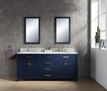 Load image into Gallery viewer, Water Creation Vanity Water Creation VMI072CWMB35 Madison 72 Inch Double Sink Carrara White Marble Vanity In Monarch Blue with Matching Mirror and Lavatory Faucet